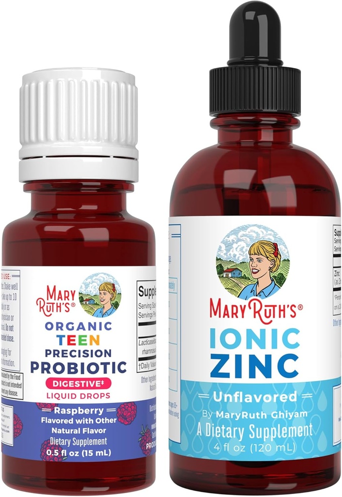 MaryRuth Organics Precision Probiotics for Teens (Raspberry) & Zinc Drops | פרויקט תווית נקייה מאומת ® | ויטמינים לבריאות Gut, Immune Support, & Total Wellness