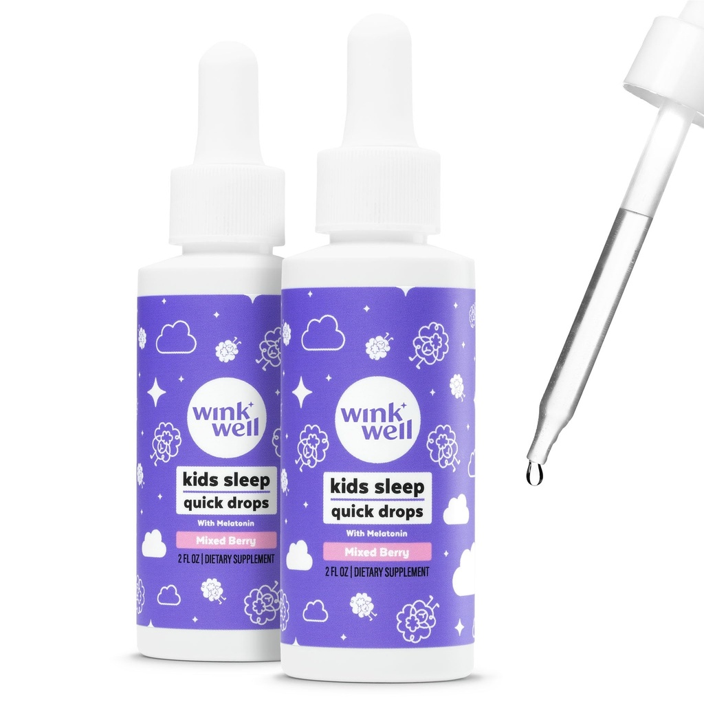Wink Well Kids Liquid Melatonin Drops, מלטונין טבעי טיפות לילדים עם 1 מ"ג פרי של מלטונין נוזלי עבור ילדים, תרופות חינם ללא טיפול טופס (2 Pack)