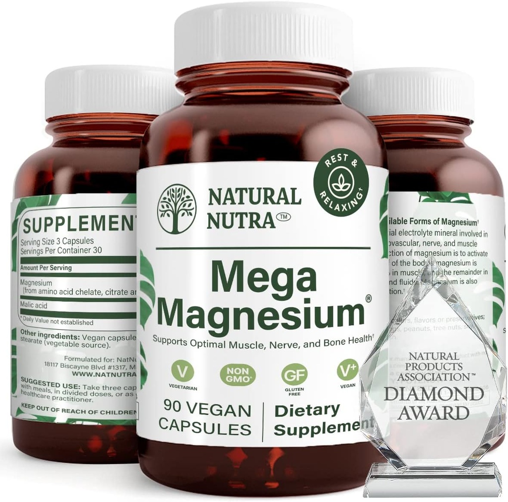 טבעי Nutra Mega Magnesium 400 מ"ג תוסף - High Absorption Amino Acid Chelate, Citrate, Malate לצמיחת שרירים, כוח עצם, בריאות הלב, תמיכה עצבית - 90 קפסולות (Pack of 2)
