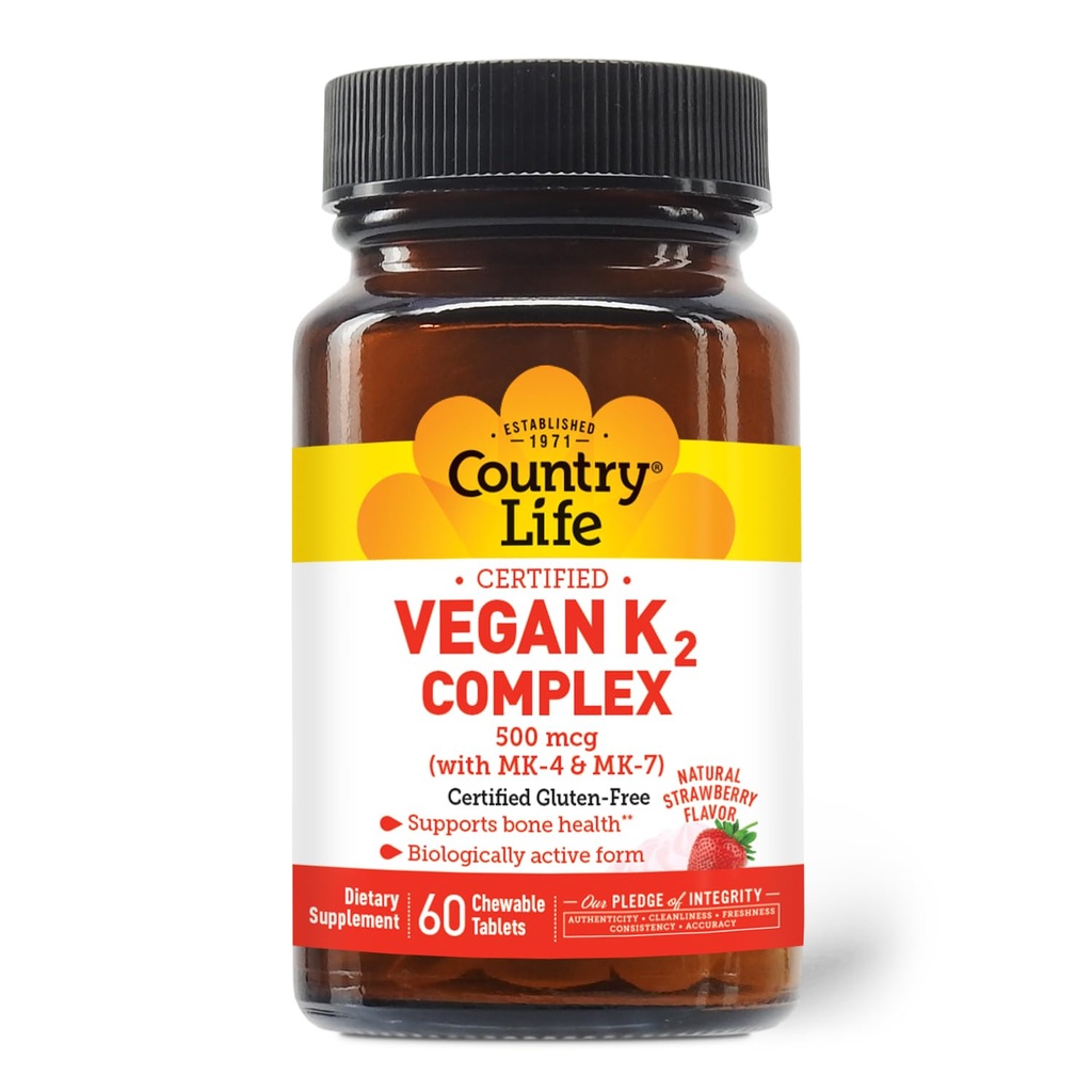 כפרי חיים ® Vegan K2-500 mcg, 60 Ct. Chewable Tablets. Strawberry Flavor - מוסמך Gluten חינם - מוסמך טבעוני על ידי AVA - לתמיכה בריאות העצם
