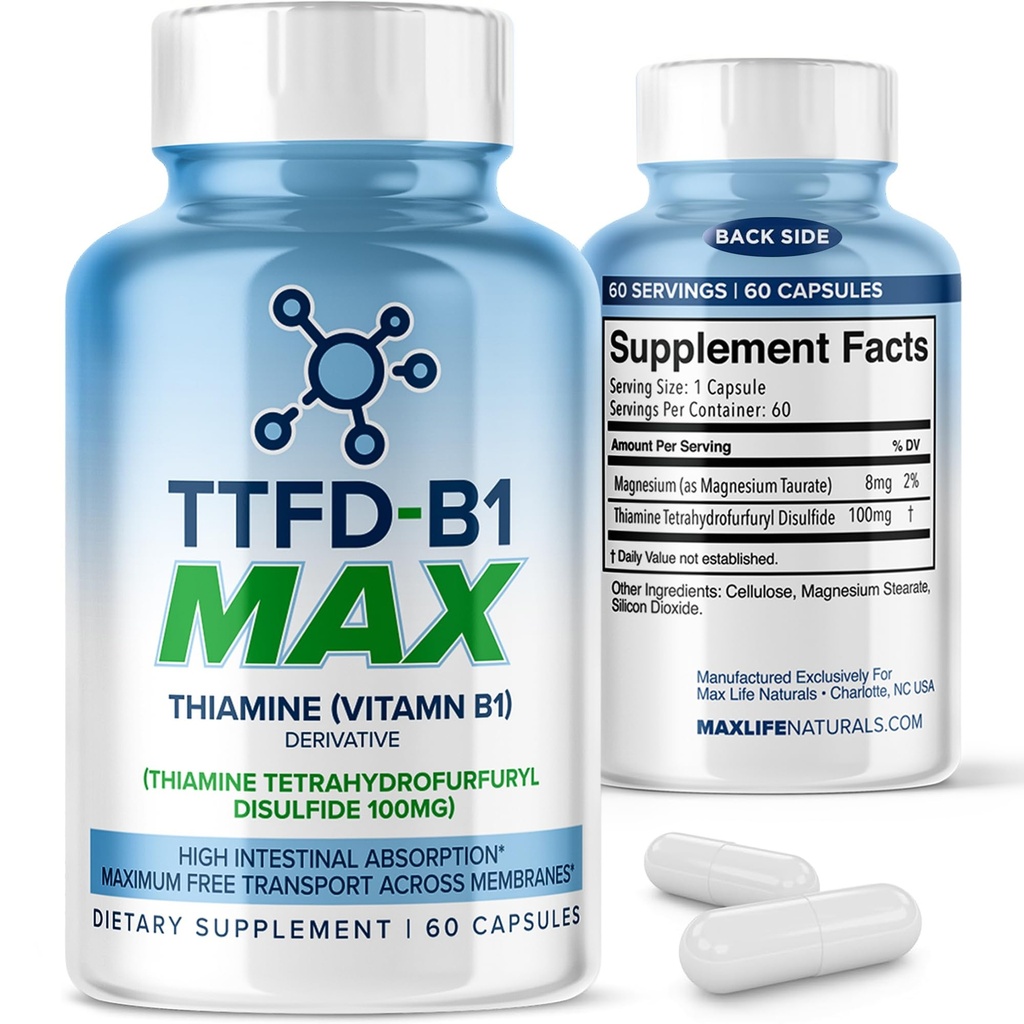TTFD Thiamine B1 תוסף 60Capsules Made בארה"ב - Thiamine TTFD ויטמין B1 MAX, תוספת גבוהה של אנרגיה & פוקוס, תומך בתפקוד עצבי בריא ובאופן כללי על ידי MaxLife Naturals