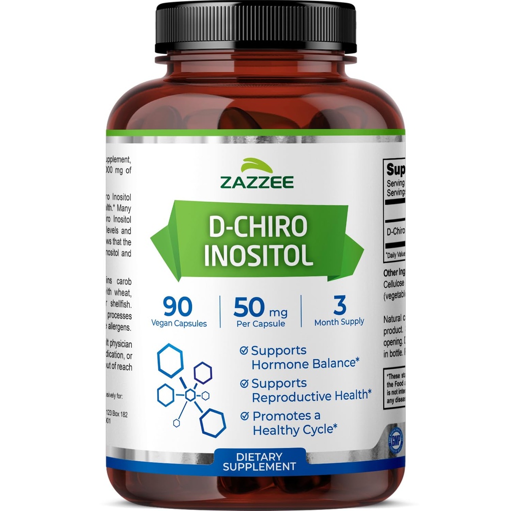 Zazzee D-Chiro-Inositol, 50 מ"ג לקפסולה, 90 קפסולות טבעוניות, Dosage אידיאלי עבור 40:1 Ratio עם Myo-Inositol, 3 חודשים אספקה, 100% צמחוני, non-GMO