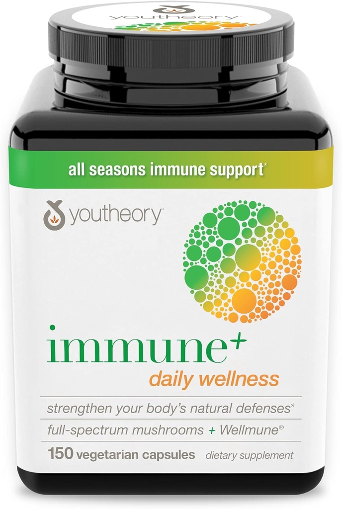 Youtheory Immune + Daily Wellness- Organic Mushrooms- Beta Glucan- ויטמין C, D3 & Zinc 150 Vegetarian Caps