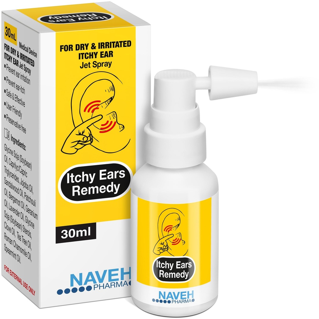 NAVEH PHARMA® Itchy אוזניים Remedy: ניקוי אוזניים ו- Itch Relief | מתייחס לכל הגורמים של דחיסות האוזן | Jet Ear Spray for Eczema Treatment and Clogged Ear Relief