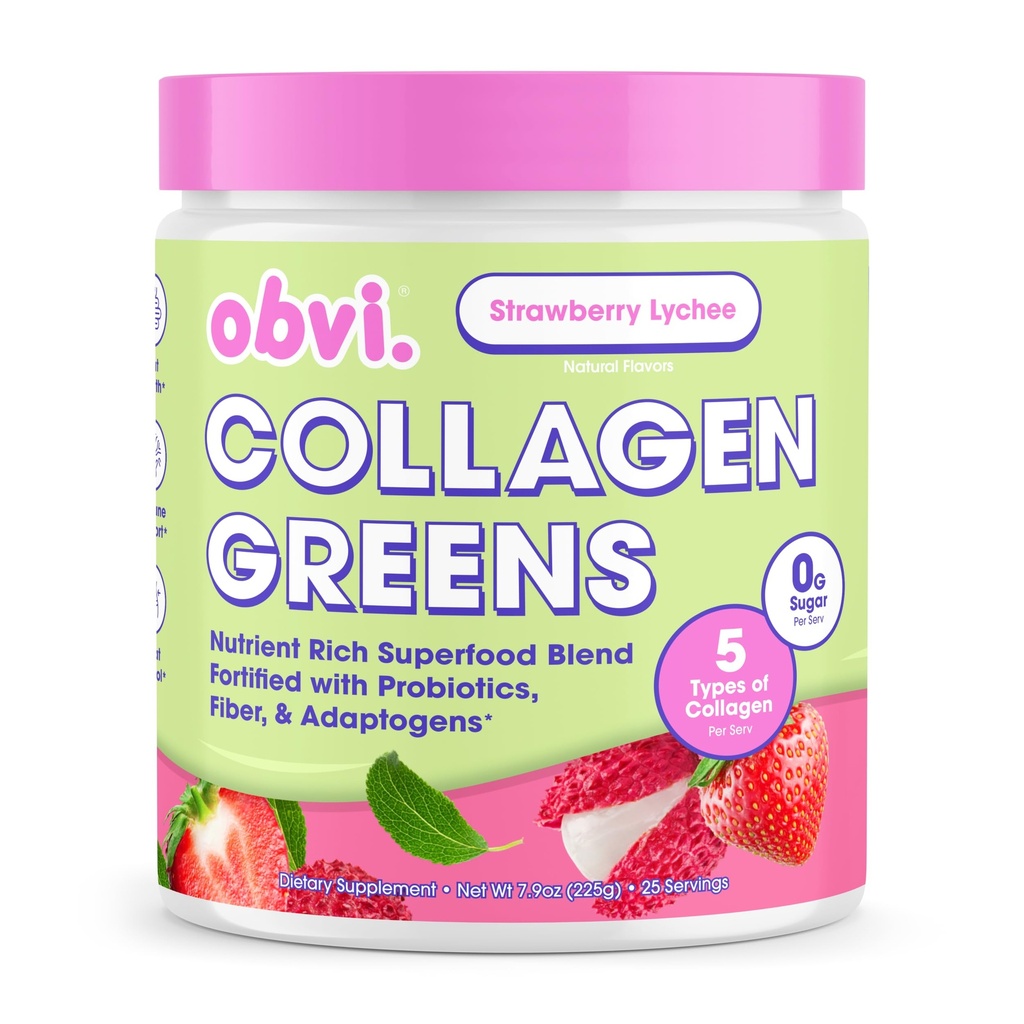 Obvi Collagen Greens | אבקת סופר-מזון אורגני עם Collagen Peptides | Probiotics for Gut Health, Skin, Hair, Nails | Gluten-Free, Zero Sugar | Strawberry Lychee Flavor, 25 משרתים