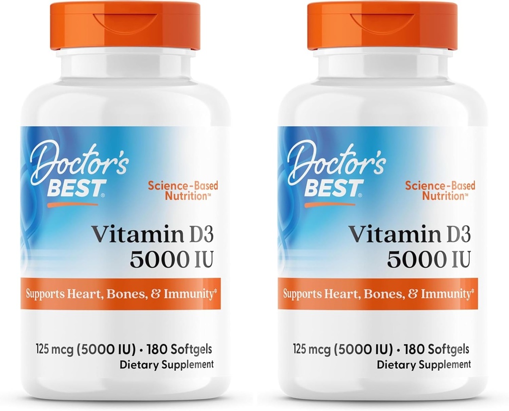ויטמין D3 5000IU, non-GMO, Gluten & Soy Free, Regulates Immune Function, תומך עצמות בריאות, לבן, ללא פלאמור, 180 Count (Pack of 2)