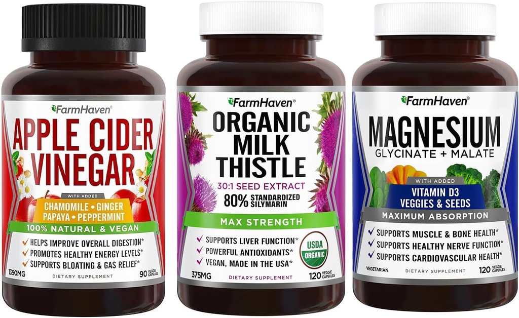 FarmHaven Apple Cider Vinegar קפסולות עם ג'ינג'ר ומגנסיום Glycinate & Malate Complex w/Vitamin D3 & Milk Thistle קפסולות