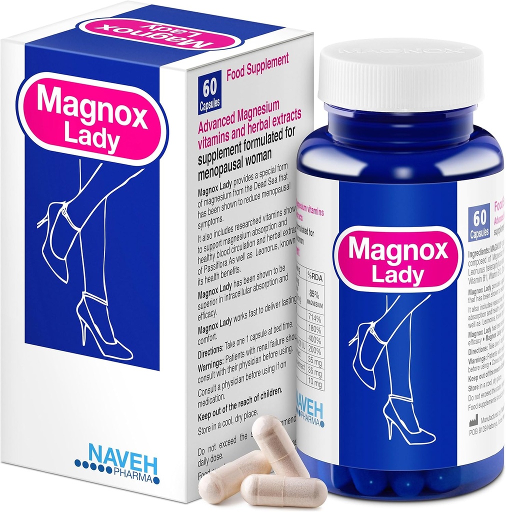 MAGNOX® Lady Magnesium תוסף | Menopause ו- PMS תמיכה תוספת לנשים | Magnesium Complex with ויטמינים B6, B1, B12, D, Zinc | High-Absorption Dead Sea אורגני | 60 קפסולות צמחוניות