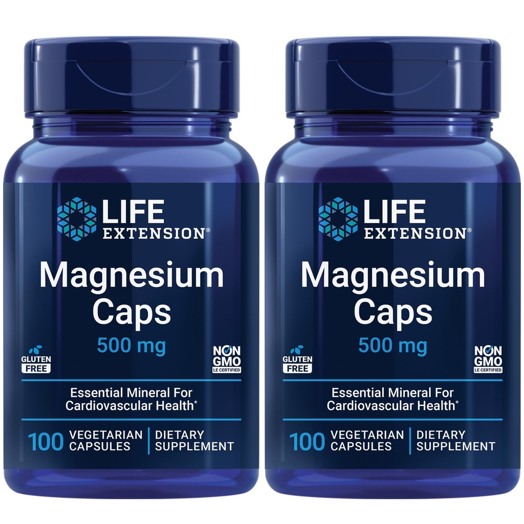 Life Extension Magnesium Caps, 500 מ"ג, Magnesium Succinate, Heart Health, Good Bones, Metabolism Support - Pack of Two - 2 x 100
