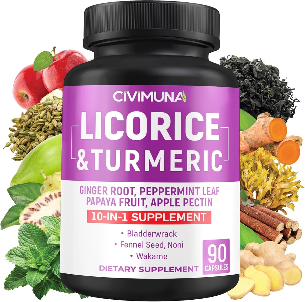 Licorice קפסולות עם Licorice, Turmeric Root, ג'ינג'ר Root, Pepperנט Leaf, Papaya פירות 3 חודשים אספקה