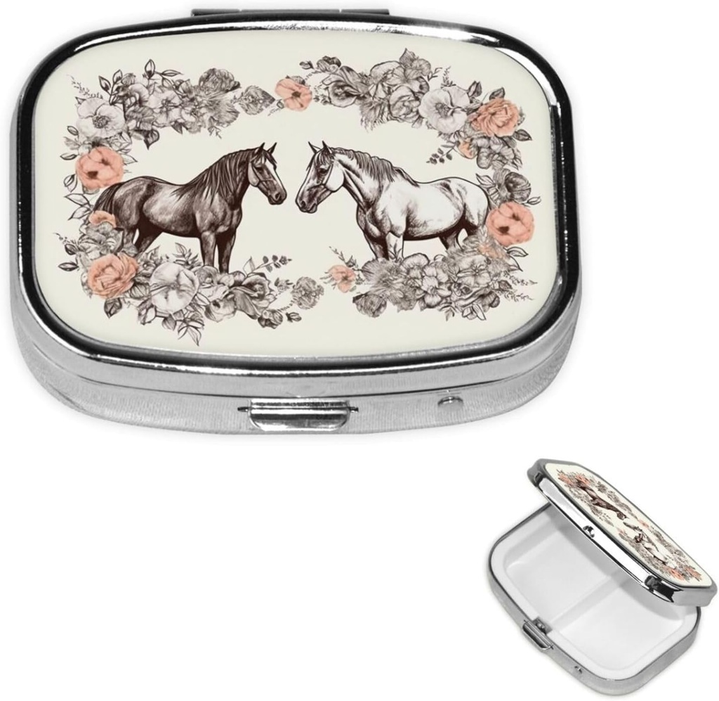 Pill Box Flowers and Horses Hand Drawn Square Pill Case for Purse & Pocket 2 השוואתי גלולות מארגנת Portable Travel Pillbox Medicine ויטמין Cod Liver Oil Storage Box