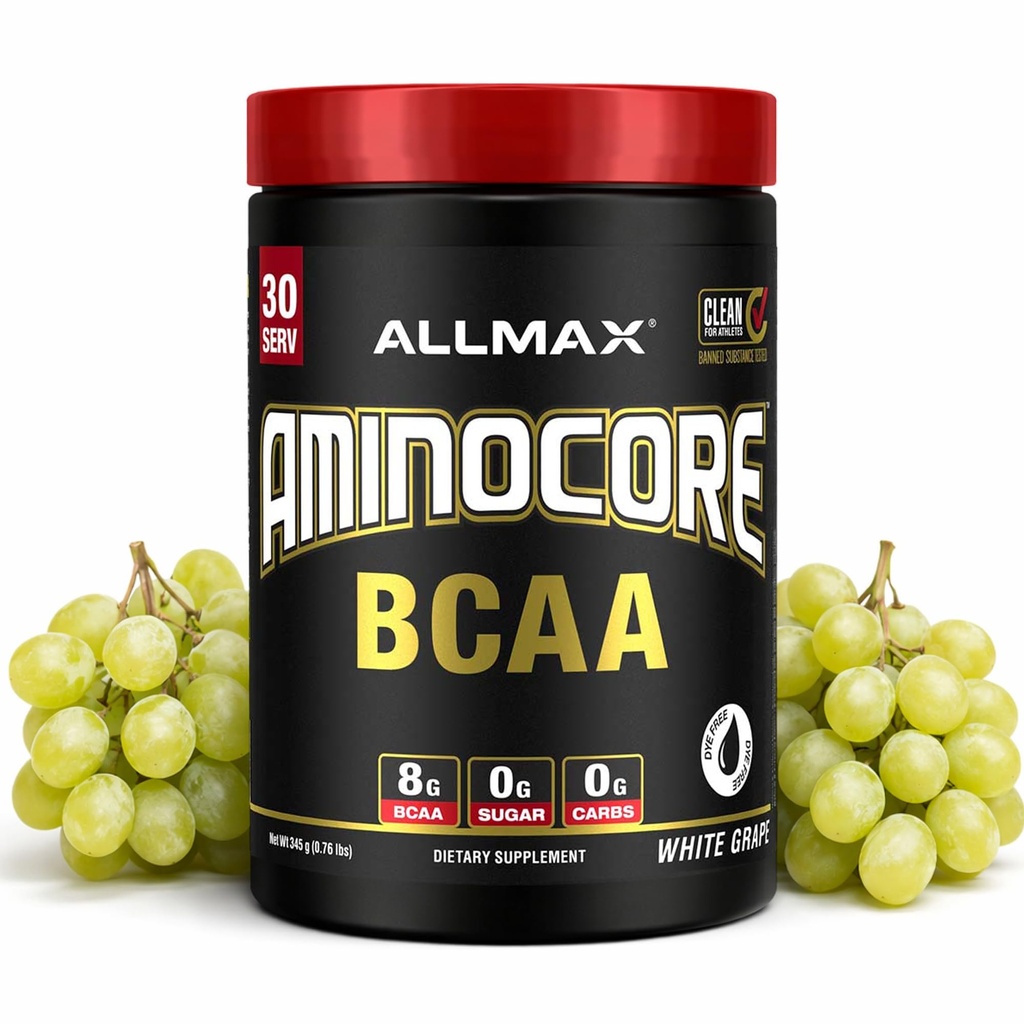 כל אבקת AMINOCORE BCAA, 8.18 גרמות של Amino Acids, Intra ו Post Workout Recovery Drink, Gluten Free, White Grape, 315 גרם