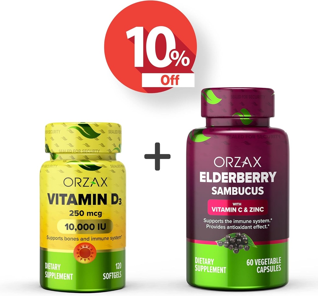 ORZAX ויטמין D3 10000 iu Elderberry קפסולות, 2000mg Sambucus, Bundle