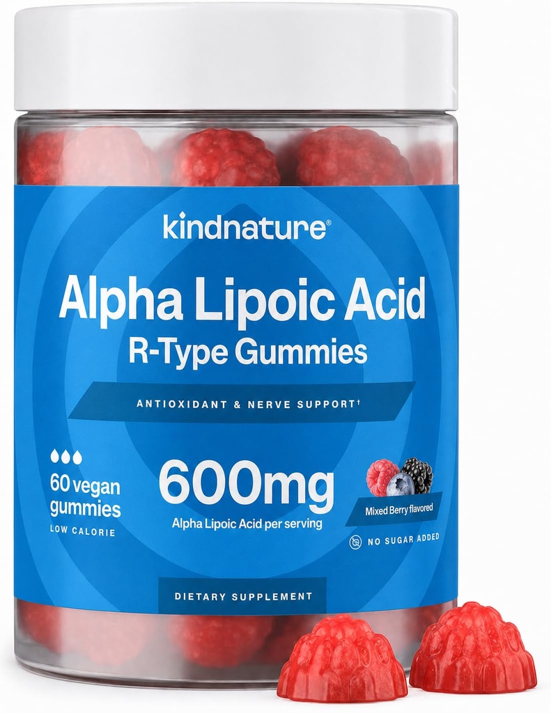 Kindnature Alpha Lipoic Acid Gummies - תוספי נוירופתיה - טבעוני, סוכר חינם, Low Calorie 600 מ"ג ALA תוסף - Pure ALA אלפא Lipoic Acid 600 מ"ג עבור תוספי תזונה אנטי-חמצן