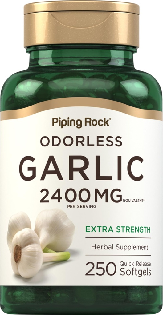 Piping Rock Odorless Garlic תוספת של 2400 מ"ג | 250 Softgels | High Potency Herbal Extracts | עוד Power Pills