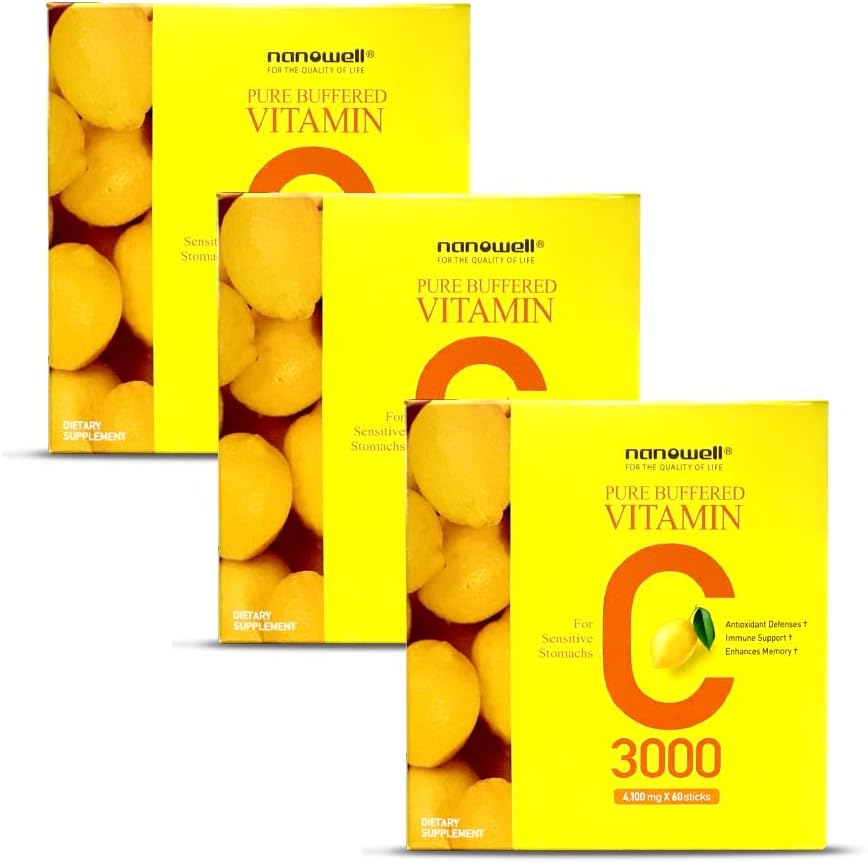 NANOwell Pure Buffered ויטמין C 3000 מ"ג לשרת, תוספת תזונתית לתמיכה Immune - 60 Sticks x 3 Boxes, 6 חודשים אספקה (180 ספירה)