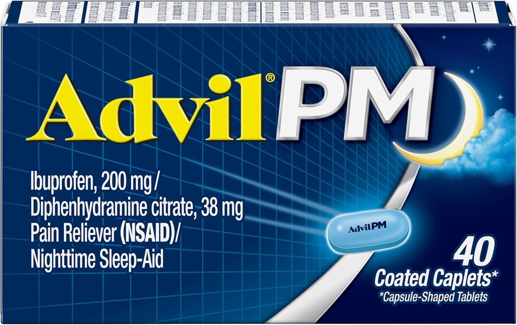 Advil PM (40 Count, Pack of 2) Pain Reliever / Nighttime Sleep Aid Coated Caplet, 200mg Ibuprofen ו 38 מ"ג Diphenhydramine Citrate