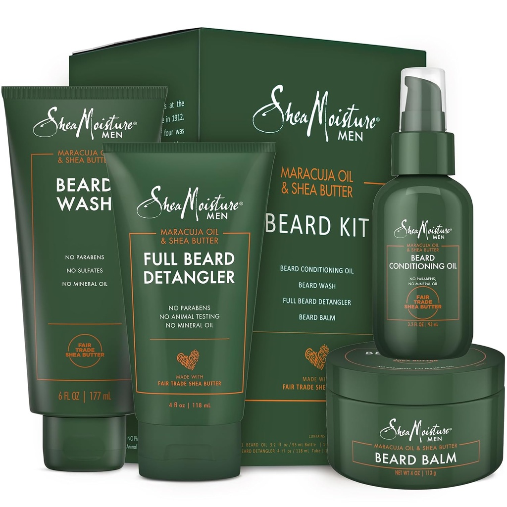 SheaMoisture Beard-Care Kit for Men, כולל Wash, Balm, Oil, Conditioner, Natural Shea Butter & Marcuja שמן, מתנה גדולה