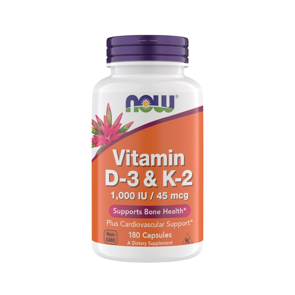 עכשיו תוספי ויטמין D3 K2, 1,000 IU / 45 mcg, Cardiovascular תמיכה, תמיכה בריאות העצם, 180 קפסולות צמחוניות - טבעוני, Gluten חינם, כשר