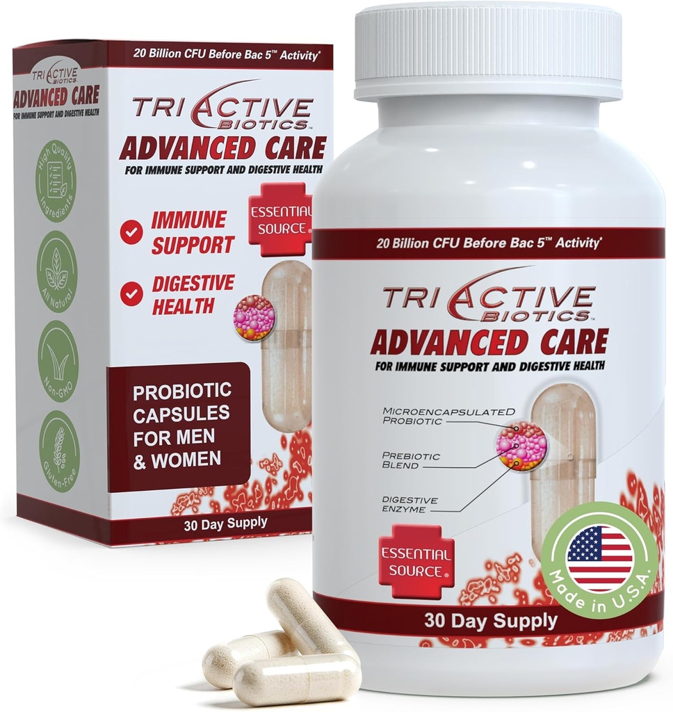 המקור העיקרי TriActive Biotics Advanced Care - 20 מיליארד CFU Probiotics for Digestive Health, Immune Support Supplement, Microencapsulated Probiotics for Women & Men, 30 קפסולות Ct