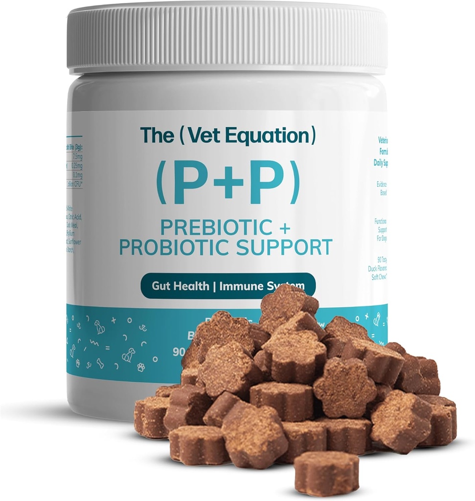 Prebiotic & Probiotic for Dogs - Digestive & Gut Health Chews - Natural Duck Flavor, 90 Count - עם Bacillus Subtilis, ויטמין B12 & Folic Acid - תומך Immune & Digestive Health