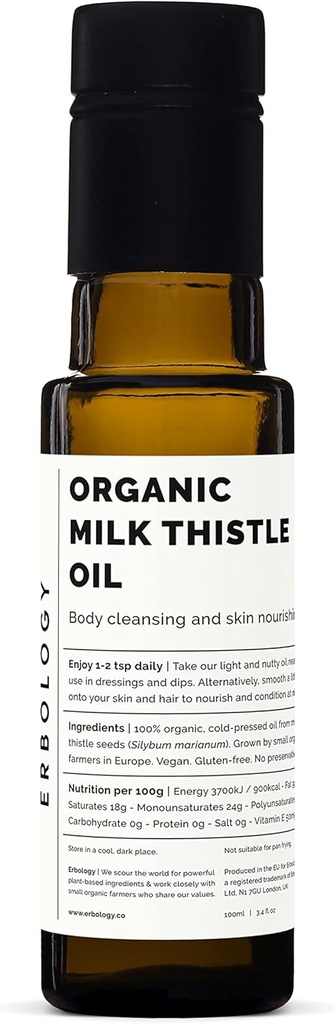 Erbology Organic Milk Thistle Oil 3.4 fl oz - Cold-Pressed - גבוה בוויטמין E - Detoxifying - ישר מן החווה - Non GMO - No Additives או Preservatives - Recyclable Glass Bottle