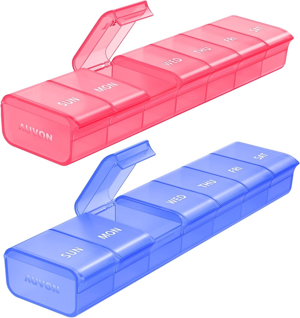 AUVON 2 Pack שבועי גלולות מארגנת, כפול-קול גדול CASE עבור גלולות מרובות Tracking, Ph Box 7 יום עבור נסיעות, גלולות Container לשימוש ביתי כדי להחזיק ויטמינים, תוספים, תרופות, תרופות, תרופות