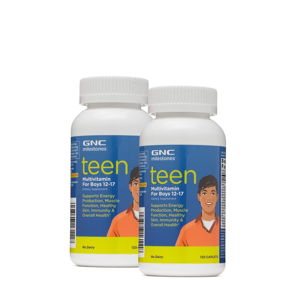 GNC מיילstones Teen Multivitamin for Boys 12-17, Twin Pack, 120 קפסולות לבקבוק, תומך בייצור אנרגיה ותפקוד שרירים