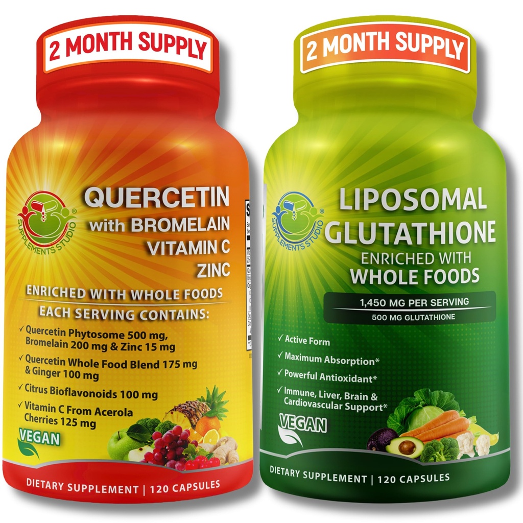 Immune & cell Support Bundle - Liposomal Glutathione 500 מ"ג עם Whole Foods & Quercetin עם Bromelain, ויטמין C, ו- Zinc Whole מזון מורכב - טבעוני, non-GMO, תמיכה יומית נקייה בריאות הציבור