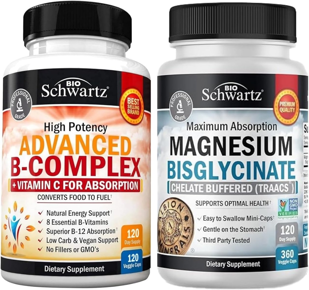 ויטמין B מורכב עם ויטמין C (4 חודשים אספקת) נוסף Absorption Magnesium Bisglycinate קפסולות (4 חודשים אספקה)