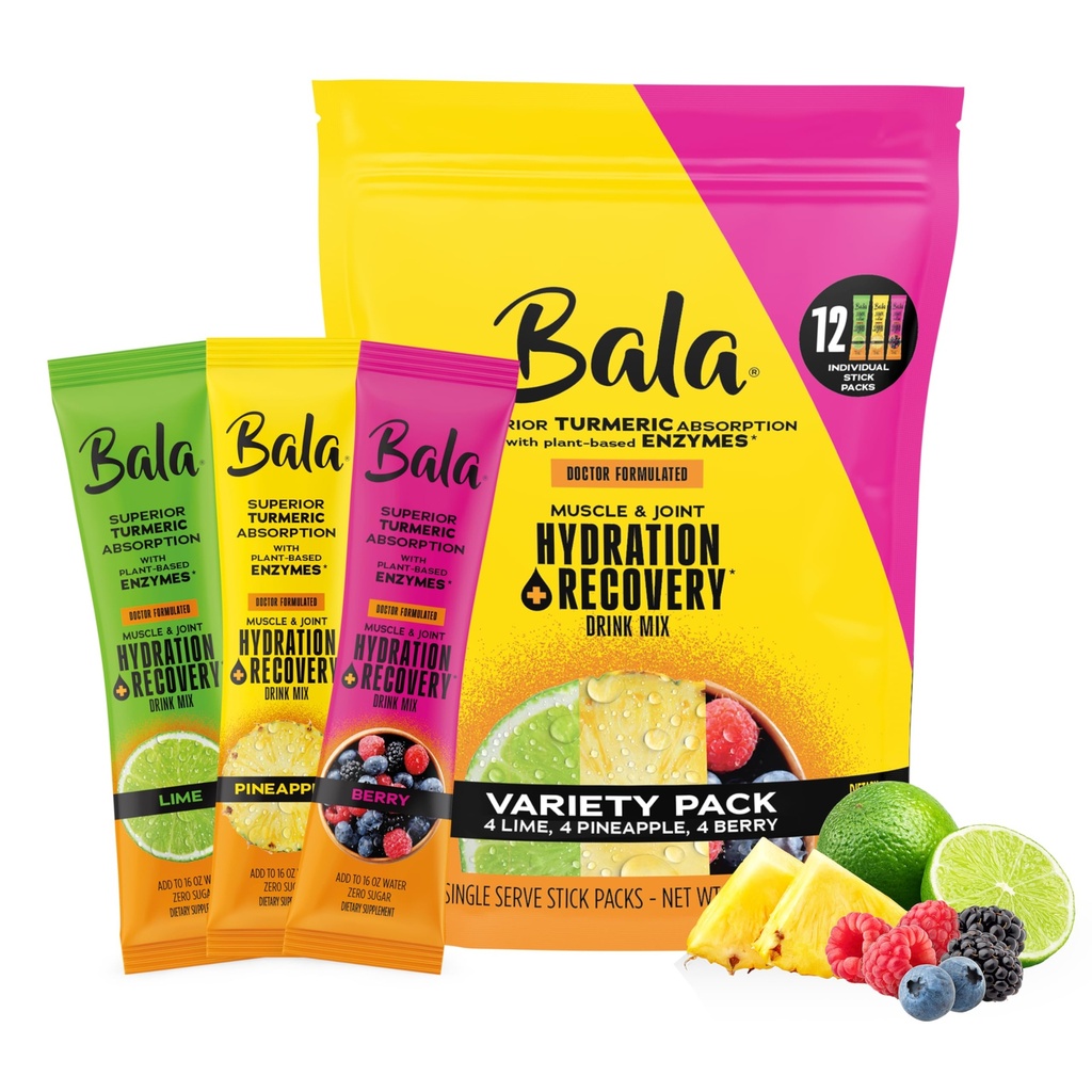 Bala Enzyme hydrotion & Sugar-Free Drink - Turmeric, Bromelain, Papain - Immunity, Mobility - Variety Pack 0.25oz (12 Count)