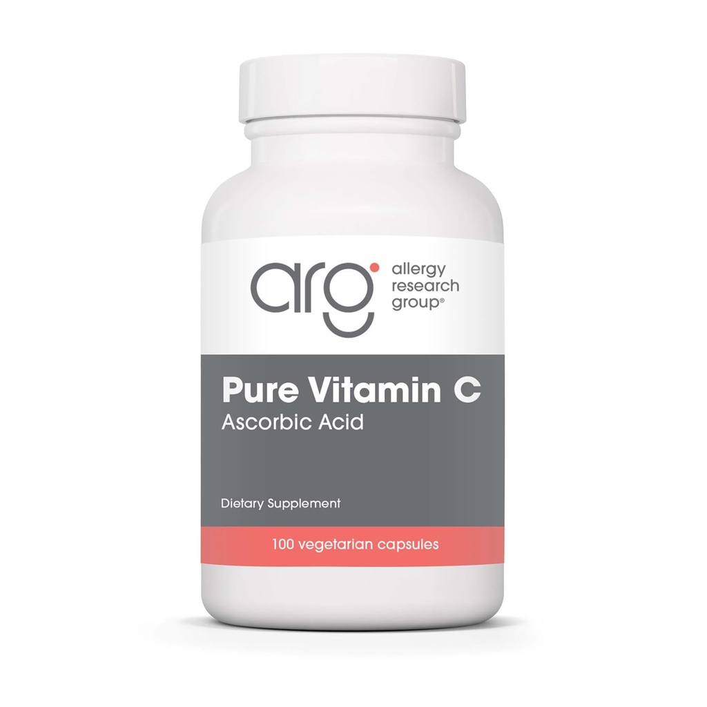 Allergy Research Group Pure ויטמין C - Ascorbic Acid, 1000 מ"ג אורגני ויטמין C, High Potency, Unbuffered, Mild Acidity, Vegetarian כמוסות - 100 Count Count