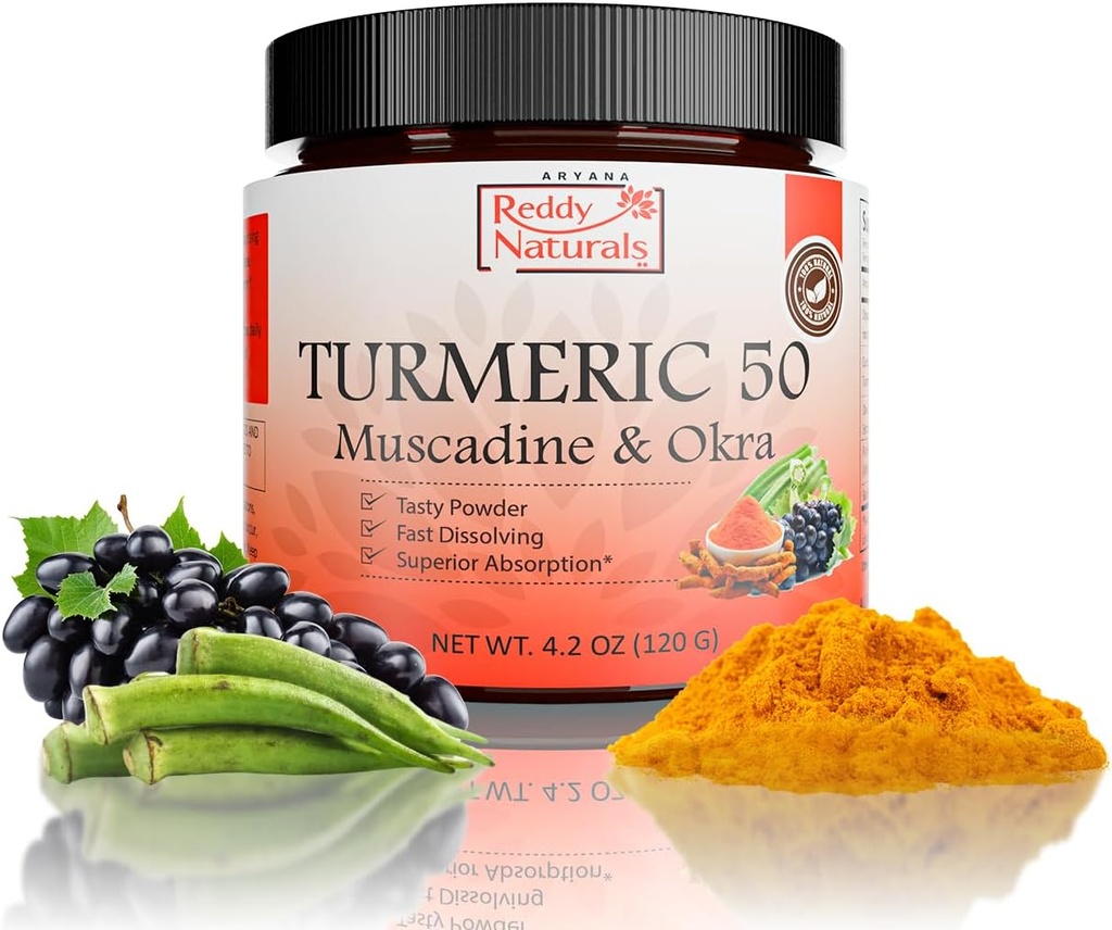 Reddy Naturals Ariana Turmeric 50 - אבקת תוסף אורגני Turmeric עם Muscadine Grape & Okra - Fast-Disshoot, פורמולה מבוססת צמחים עבור Daily Wellness - 30 משרתים