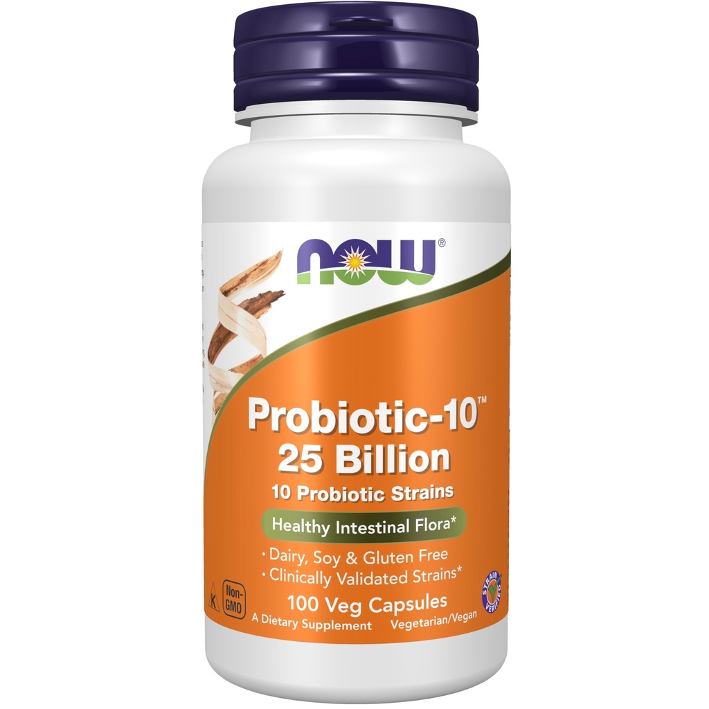 תוספי מזון עכשיו, Probiotic-10TM, 25 מיליארד, עם 10 Probiotic Strains, חלב, סויה וגלוטן חינם, סטרין מאומת, 100 קפסולות Veg.