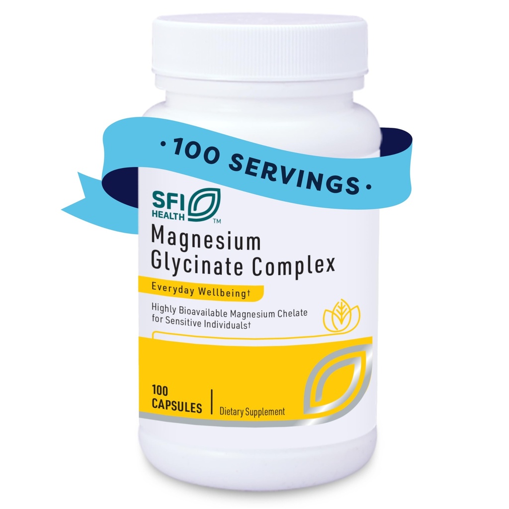 Klaire Labs SFI Health Magnesium Glycinate Complex - Chelated Magnesium Band for Optimal Absorption - תומך עצמות בריאות, שרירים ורמות אנרגיה - Gentle on Digests (100 קפסולות)
