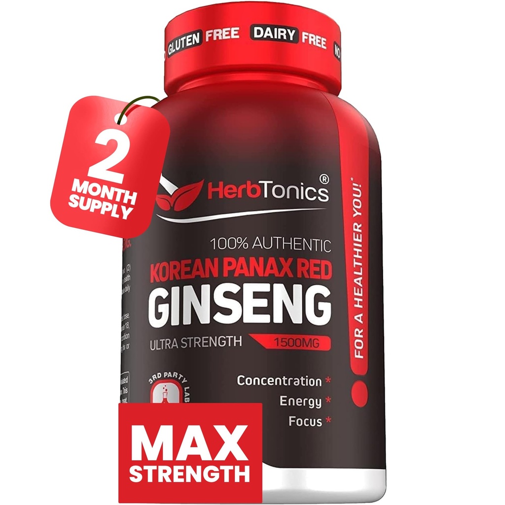 Herbtonics Red Panax גינזנג 1500 מ"ג - תוספת אנרגיה עבור Peak Performance, Focus & Vitality - High Potency Geneseng Root Extract - 120 קפסולות טבעוניות