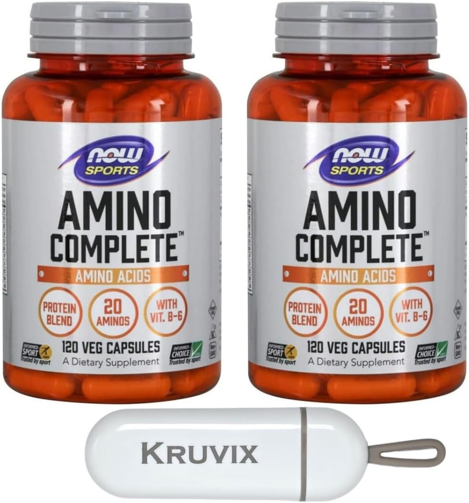 Now Foods Sports Nutrition, Amino CompleteTM | חלבון בלגן עם 21 Aminos ו- B-6 | 120 קפסולות Veg - Pack of 2 עם גלולות מארגנת