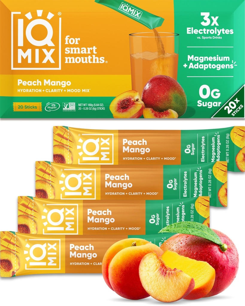 אבקת IQMIX hydrotion Electrolyte - 4in-1 פורמולה להשקה, בהירות נפשית, Mood and Recovery - Sugar-Free Drink Mix, Keto, Magnesium L-Threonate, Lion's Mane - 20 Count Peach מנגו