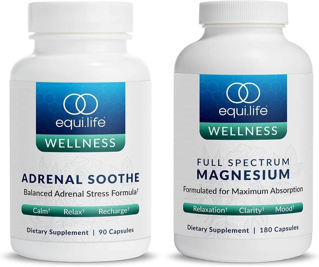 EquiLife Full Spectrum Magnesium (180 ct.) ו Adrenal Soothe (90 קפסולות) Bundle Mood & Energy Support, טבעוני, non-GMO