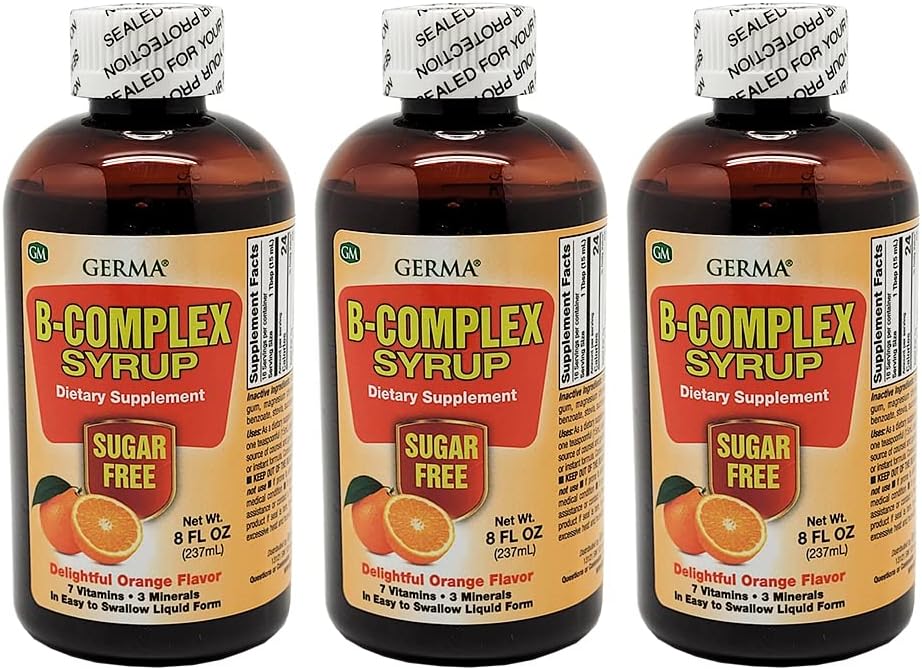 גרמה B-Complex Syrup. Dietary Supplement. בריאות העצם, צמיחה ופיתוח סיוע.סוכר חינם. Orange Flavor חבילה של 3