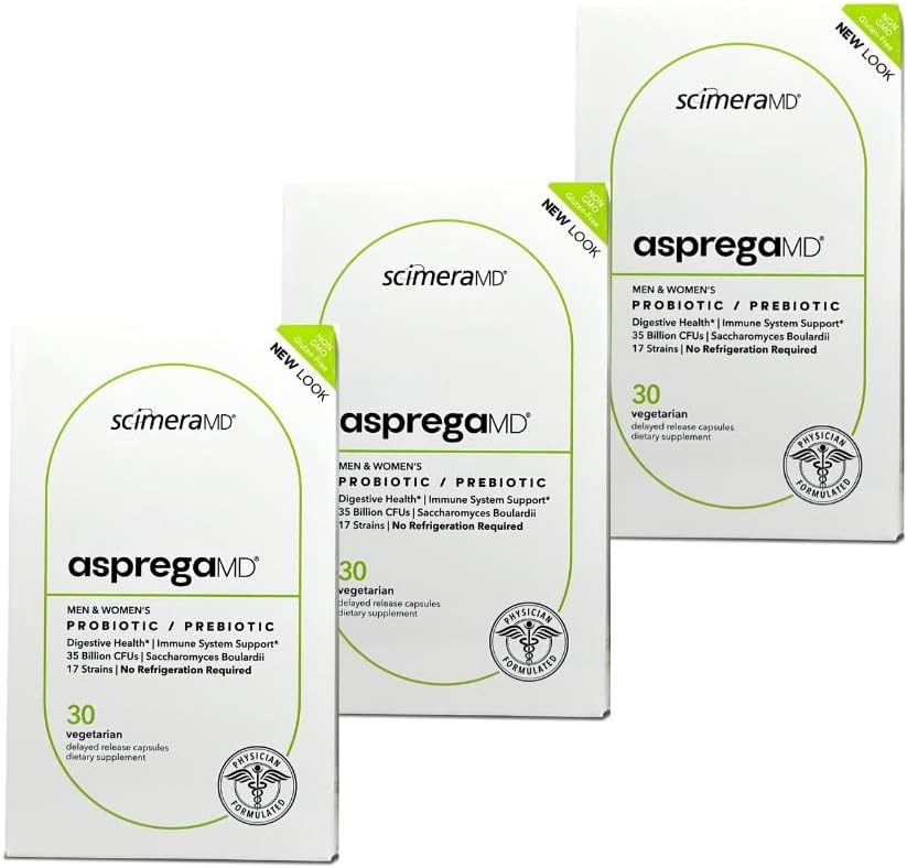 Asprega 30CT - פרוביוטיקה + Prebiotic תוסף | 17 סטרינס, 35 מיליארד CFUs | נדחה | Saccharomyces Boulardii | עבור גברים ונשים | מאת ScimeraMD, 3Packack