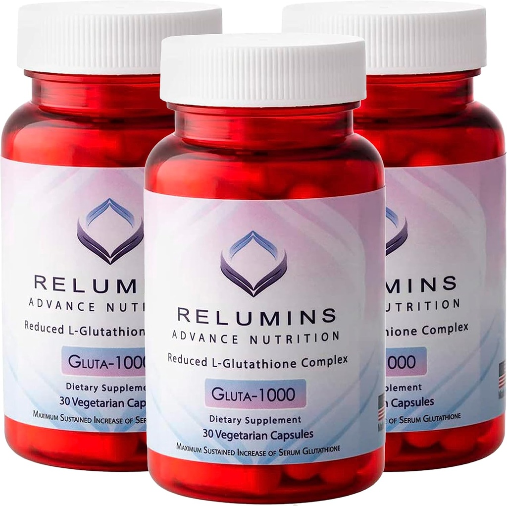 Relumins Advance Nutrition Gluta 1000 - מופחת L-Glutathione, Alpha Lipoic Acid & Rose HIPS, תמיכה אנטי-חמצן עבור Skin & Total Wellness, המיוצר בארה"ב - 30 קפסולות x 3 בקבוקים (45 ימים אספקה)