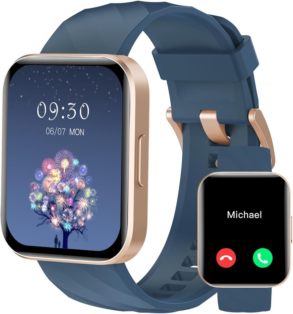 RUIMEN Smart Watches for Women Men (Answer / Make Calls) Compatable with iPhone / Android Phones, 1.85" HD Screen Fitness Tracker Heart Rate Monitor 100+ Sport Tracker Water Resistance (כחול)