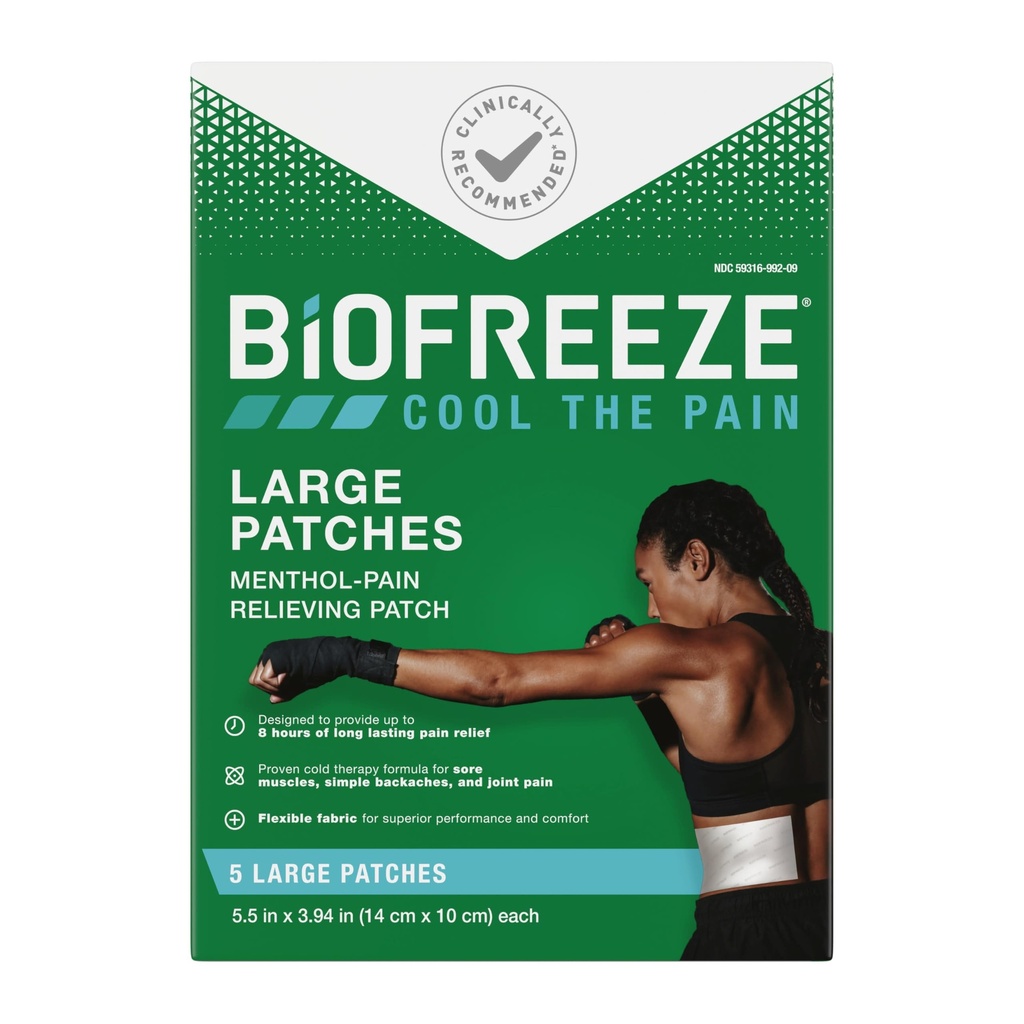 Biofreeze גדול כאב להקלת כאבים, Menthol Pain Patches עבור גב תחתון, צוואר, הברך, וכתפיים, מרק נוח וגמי נשאר במקום, FSA אליגible, 5 ct