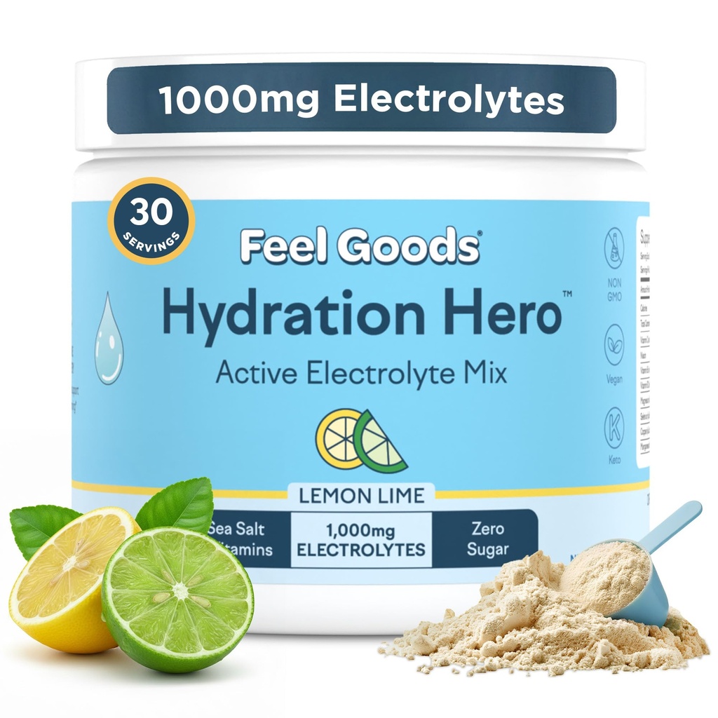 מרגיש טוב hydrtion Hero, 1000 מ"ג אבקת אלקטרוליט, סוכר חינם, מגנזיום, אורגני Aloe Vera, אורגני Aloe, L Theanine, C & B12, Non GMO, Keto, טבעוני | לימון, 30 משרתים