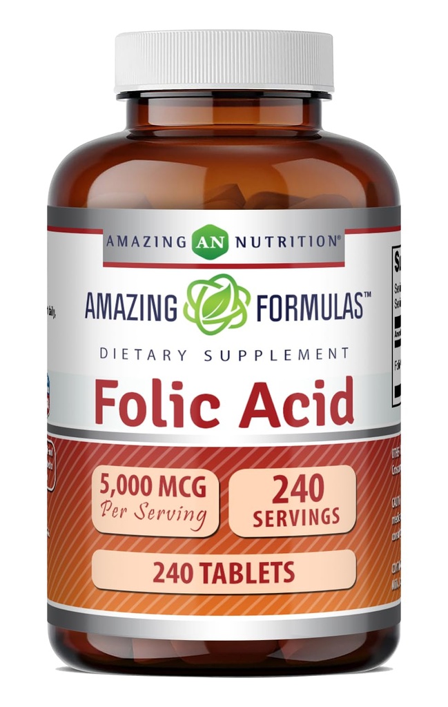 פורמולה מדהימה Folic Acid תוסף | 5000 Mcg | Tablet | Non-GMO | Gluten Free | Made in USA (240 Count)