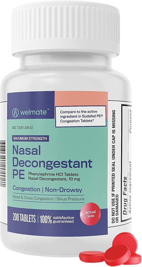 WeLMATE - Nasal Decongestant PE - Phenylephrine HCl 10 מ"ג - כוח מקסימלי - Sinus הקלה - עבור Cold & Allergies - Non-Drowsy - Antihistamine - הקלה בכאב - Decongestants for Adults - 200 טבליות
