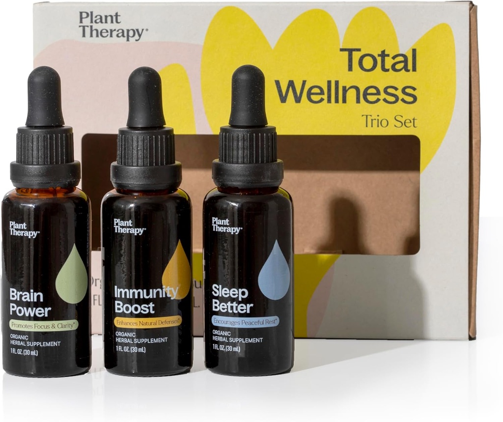 Plant Therapy Total Wellness שלישיית הגדרת 30 מ"ל כל אחד מ- Immunity Boost, Brain Power & Sleep Better