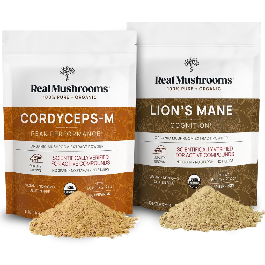Lions Mane (60g) ו- Cordyceps (60g) אבקת חילוף Mushroom Bundle - תוספת Mushroom עבור קוגניציה, אנרגיה והתחדשות