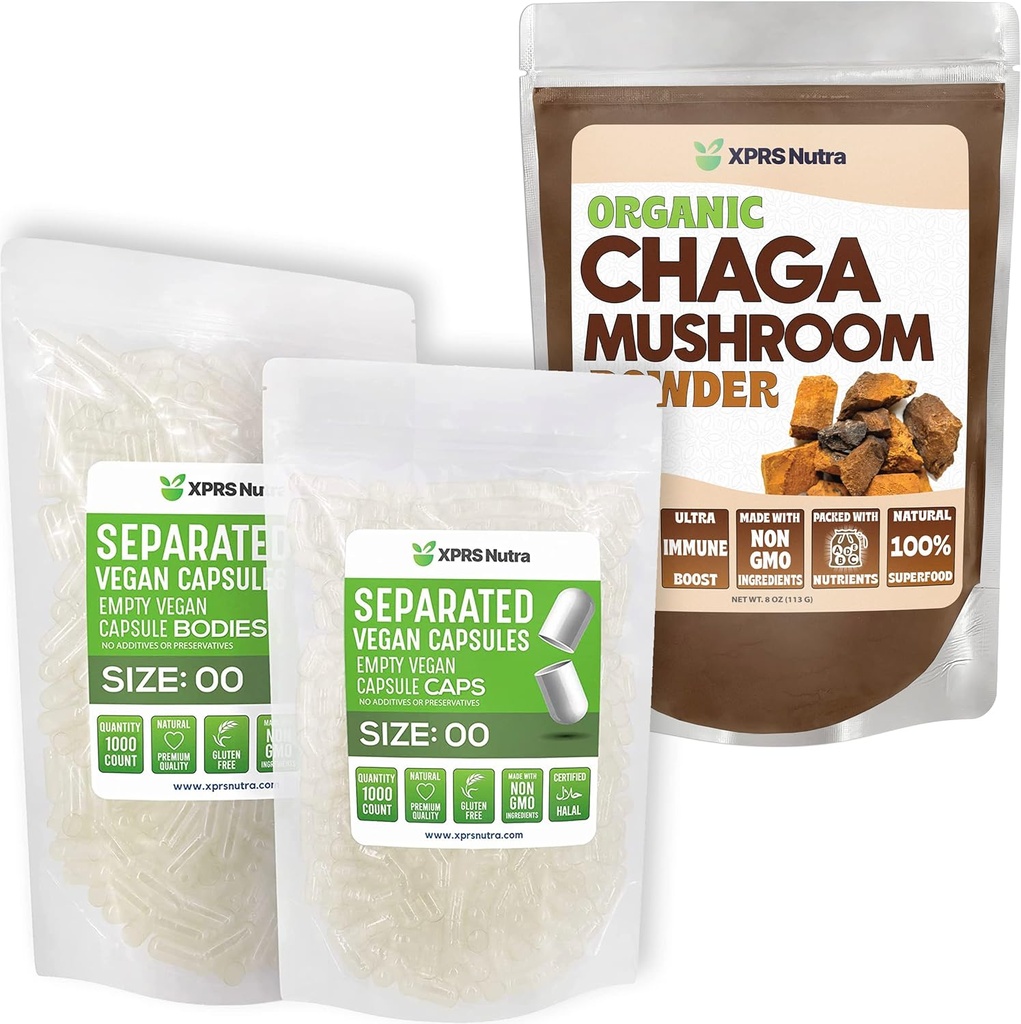 XPRS Nutra נפרד בגודל 00 קפסולות (1000 Count) עם אבקת Chaga (8 אוונס) Bundle
